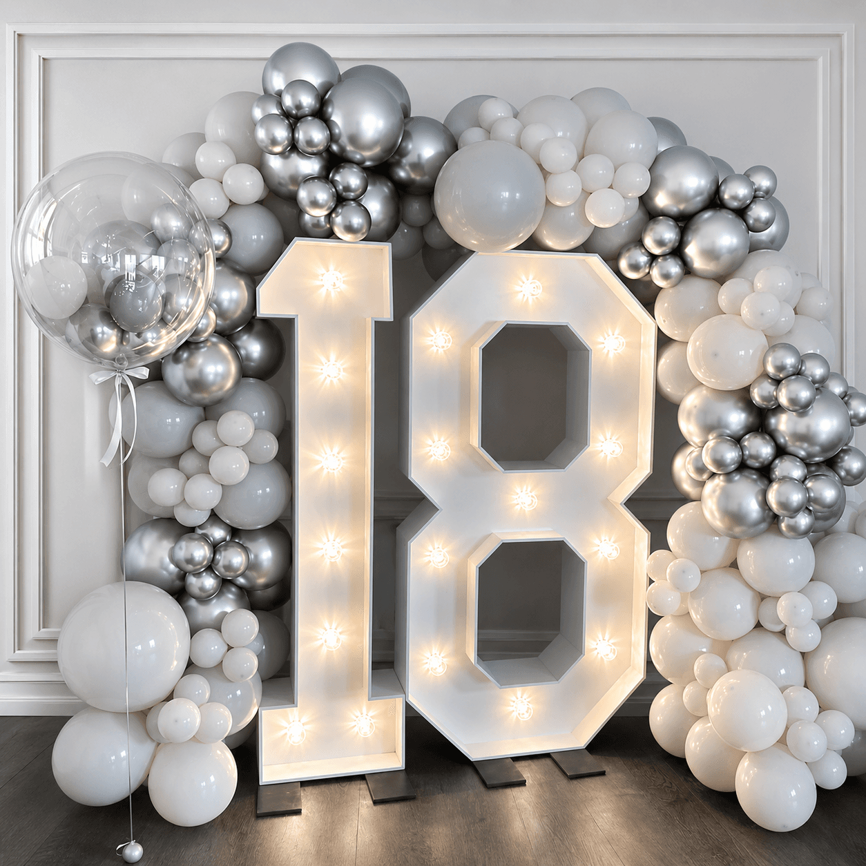 5ft illuminated LED number 18 with balloon backdrop