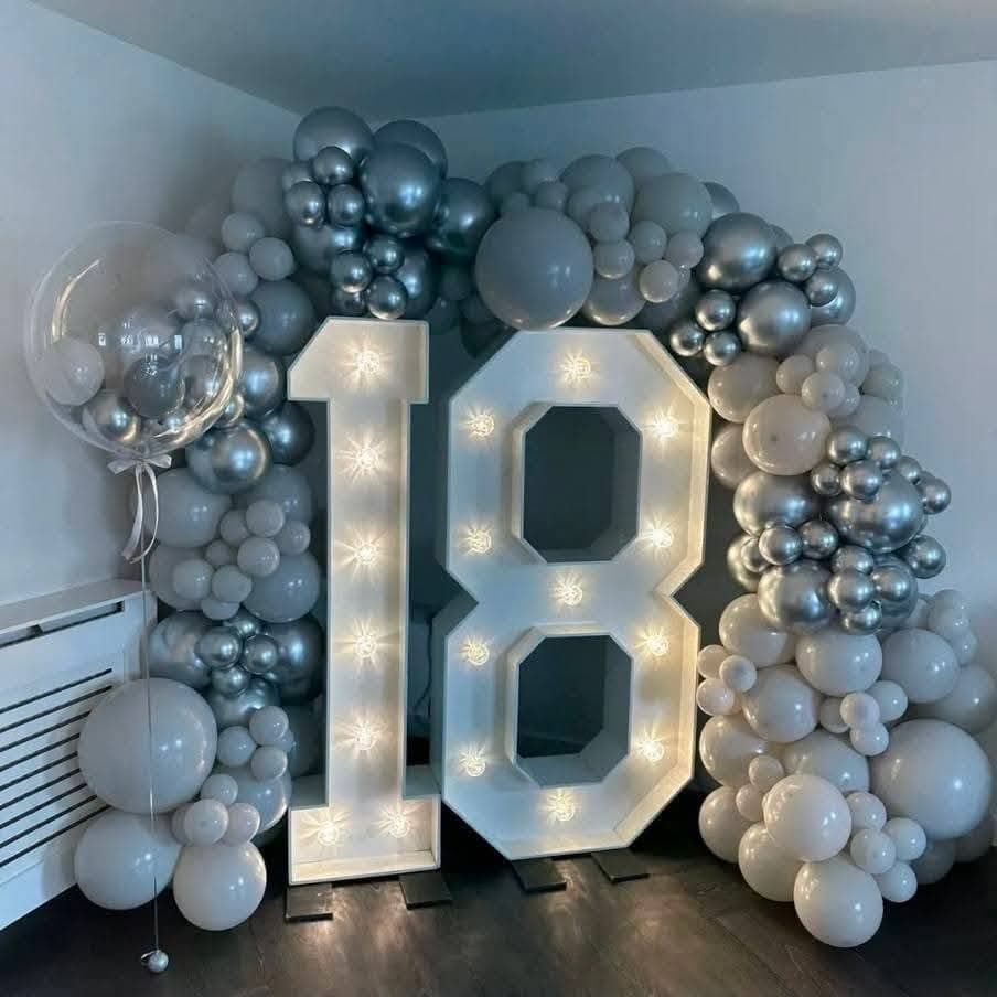 5ft illuminated number 18 with balloon display for milestone birthday celebrations from Cameron's Events