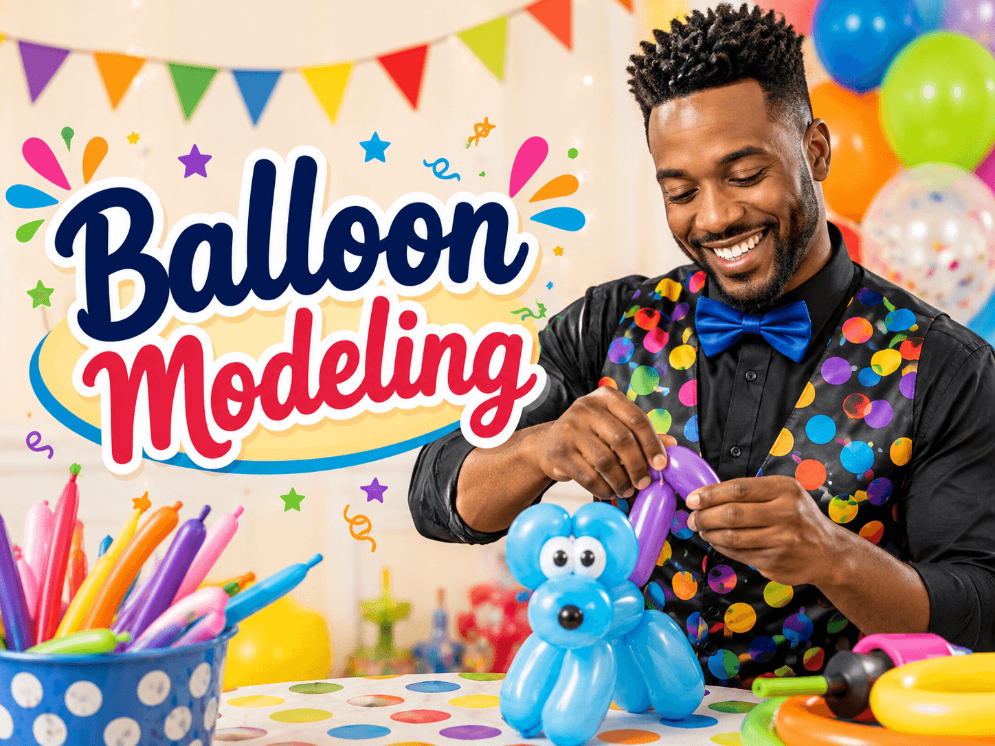 Balloon modeller creating colourful balloons for a children's party