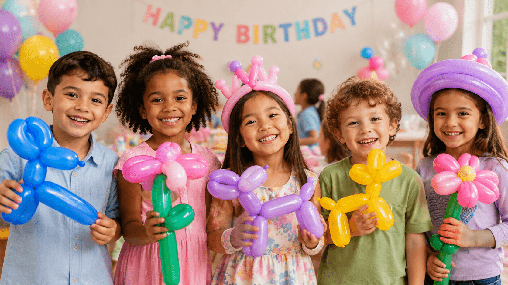 Children holding colourful balloon creations at a birthday party