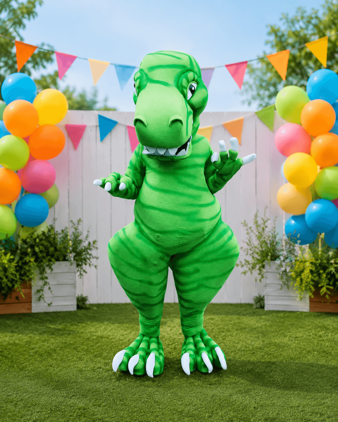 Friendly green dinosaur mascot from CEE Dino Invasion