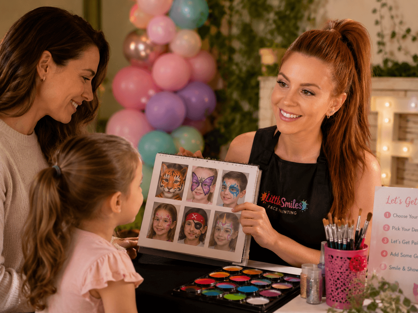 Face painter showing a child and parent different face painting design choices