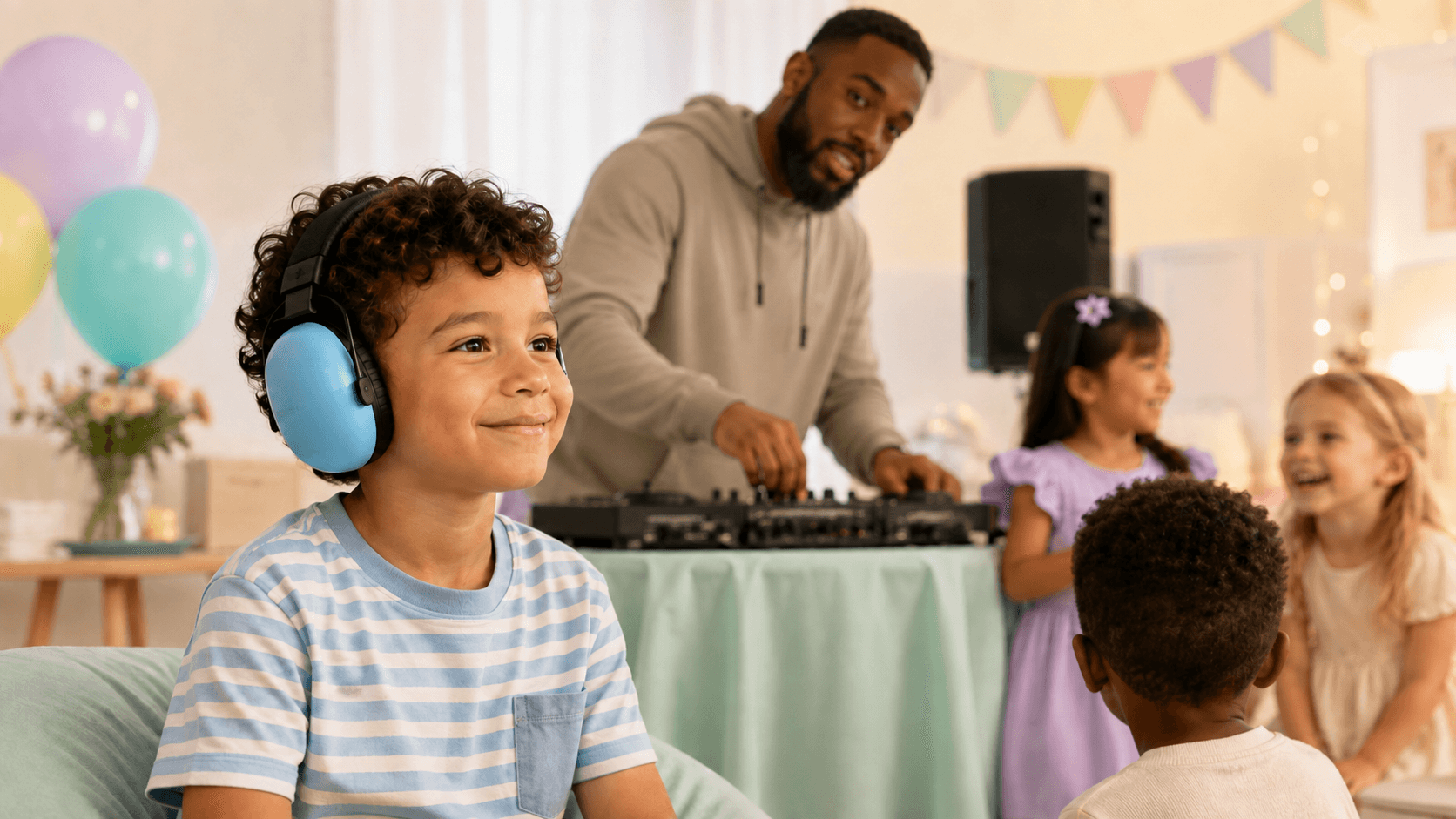 Child enjoying a children's party with ear defenders while the DJ plays at a comfortable sound level