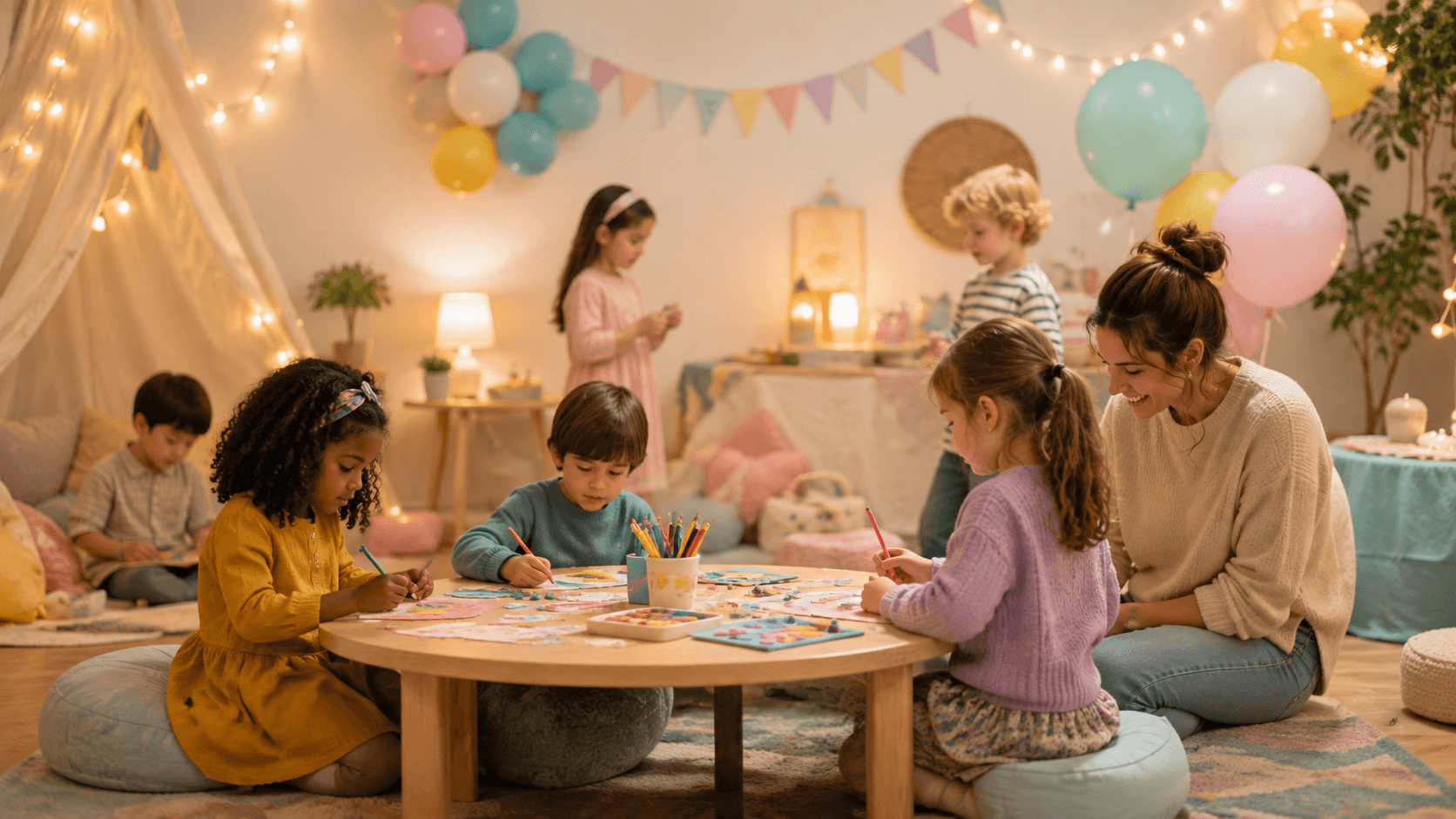 Children enjoying a softly lit calm party environment