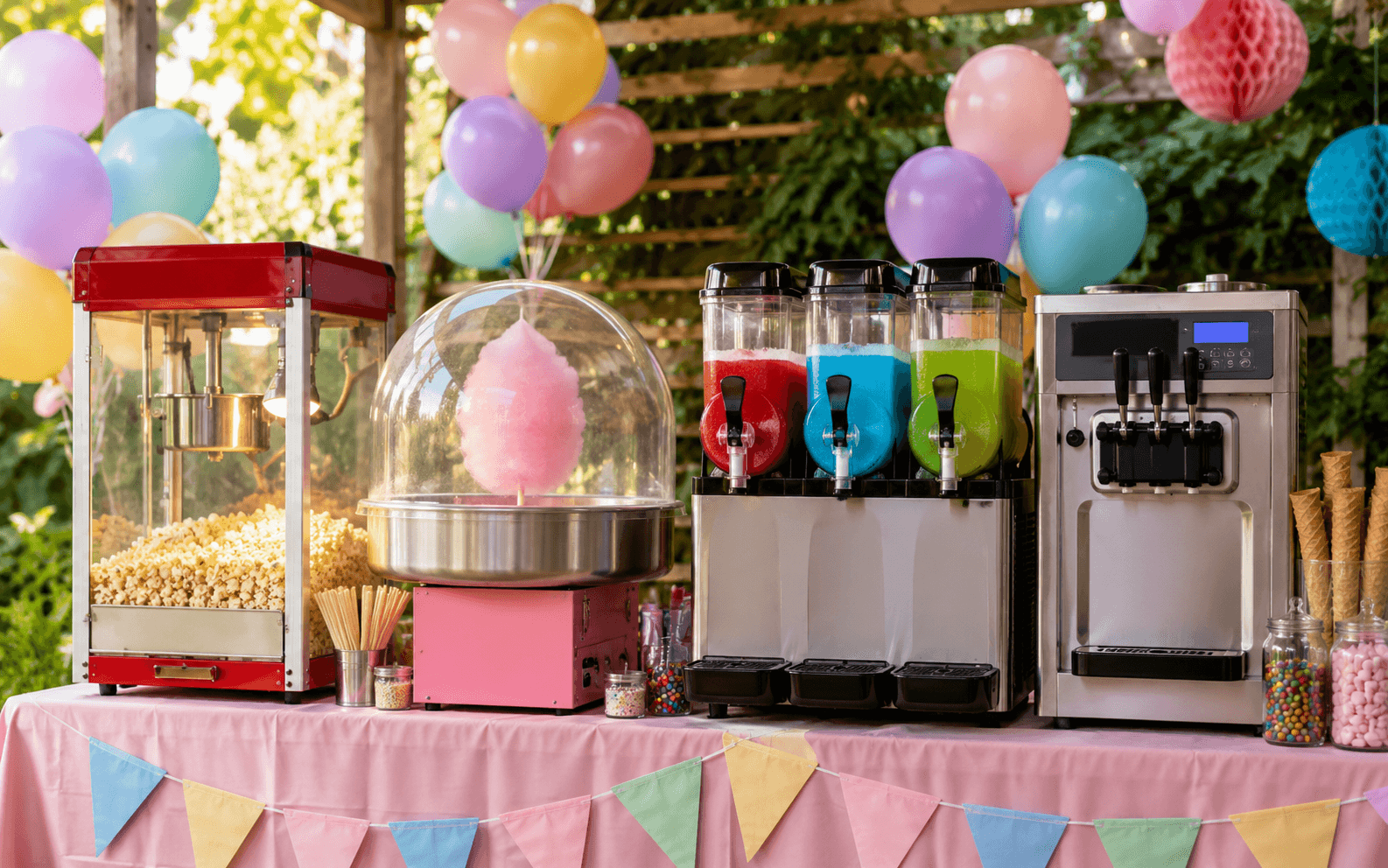 Popcorn, candy floss, slush and ice cream machines at a party