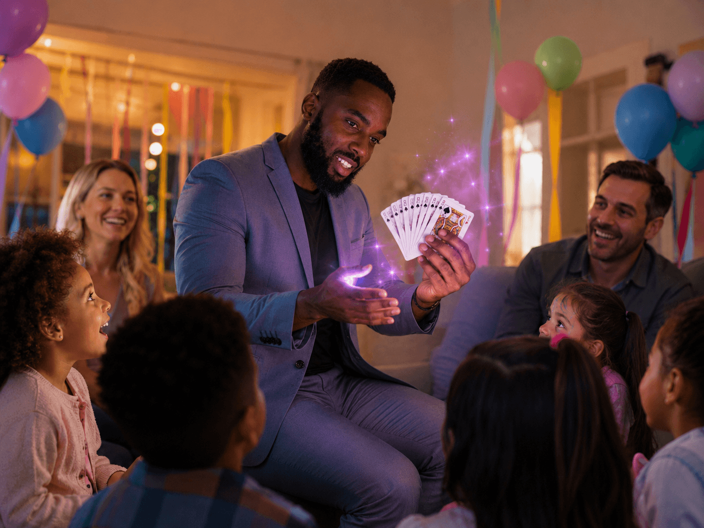Magician discussing children's party plans with a family