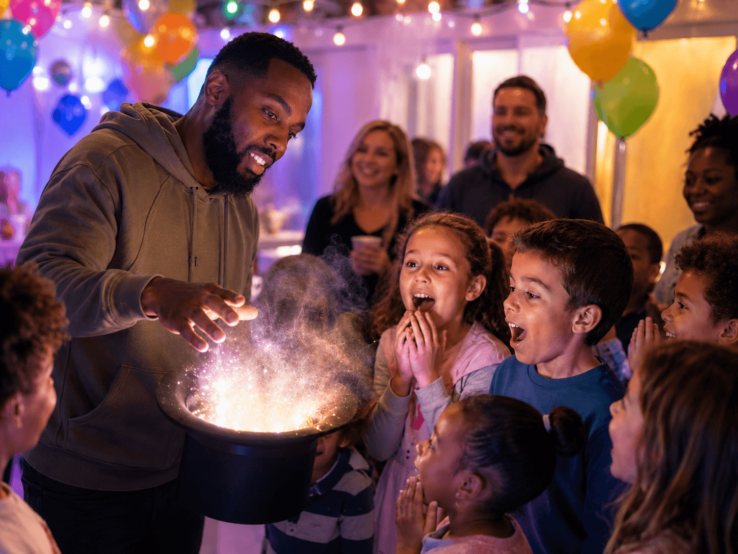 Magician entertaining children and families at a colourful party