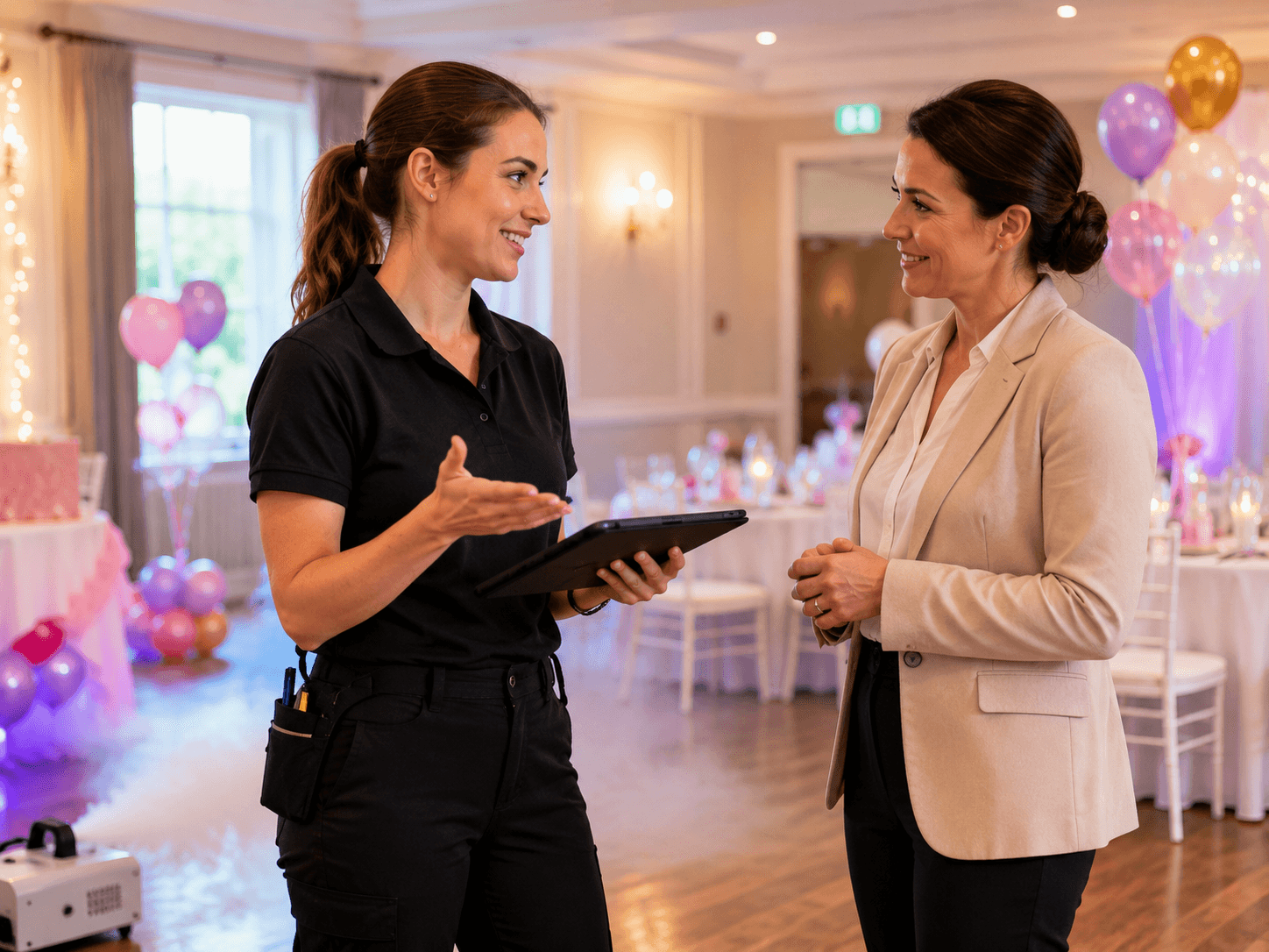 Event staff discussing party effect requirements with a venue representative