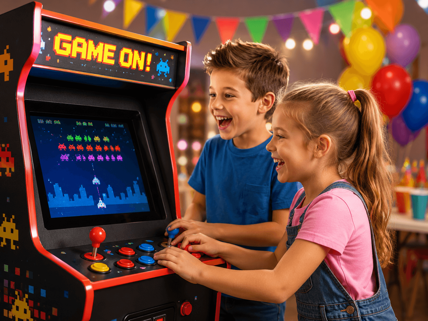 Children enjoying a retro arcade machine at a party