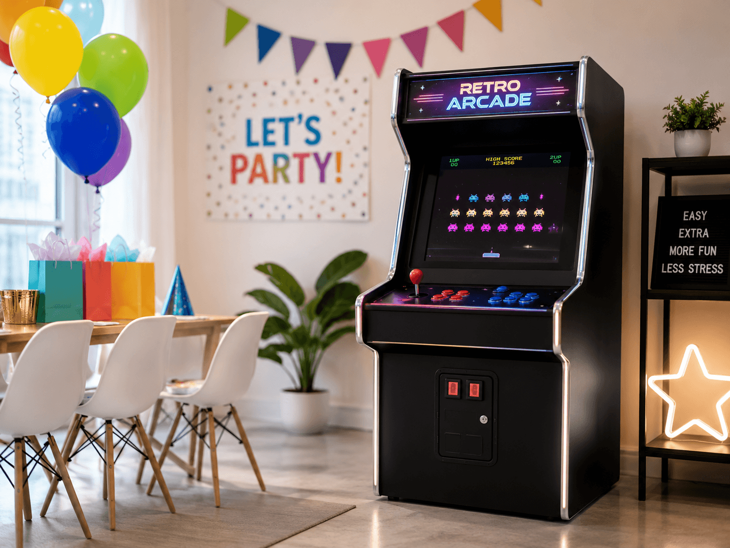 Retro arcade machine included as part of a children's party setup