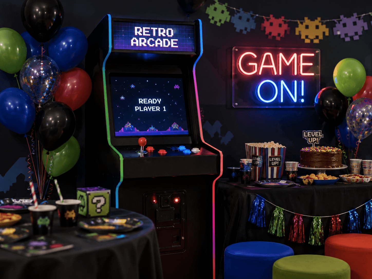 Retro arcade gaming setup at a colourful gaming-themed party