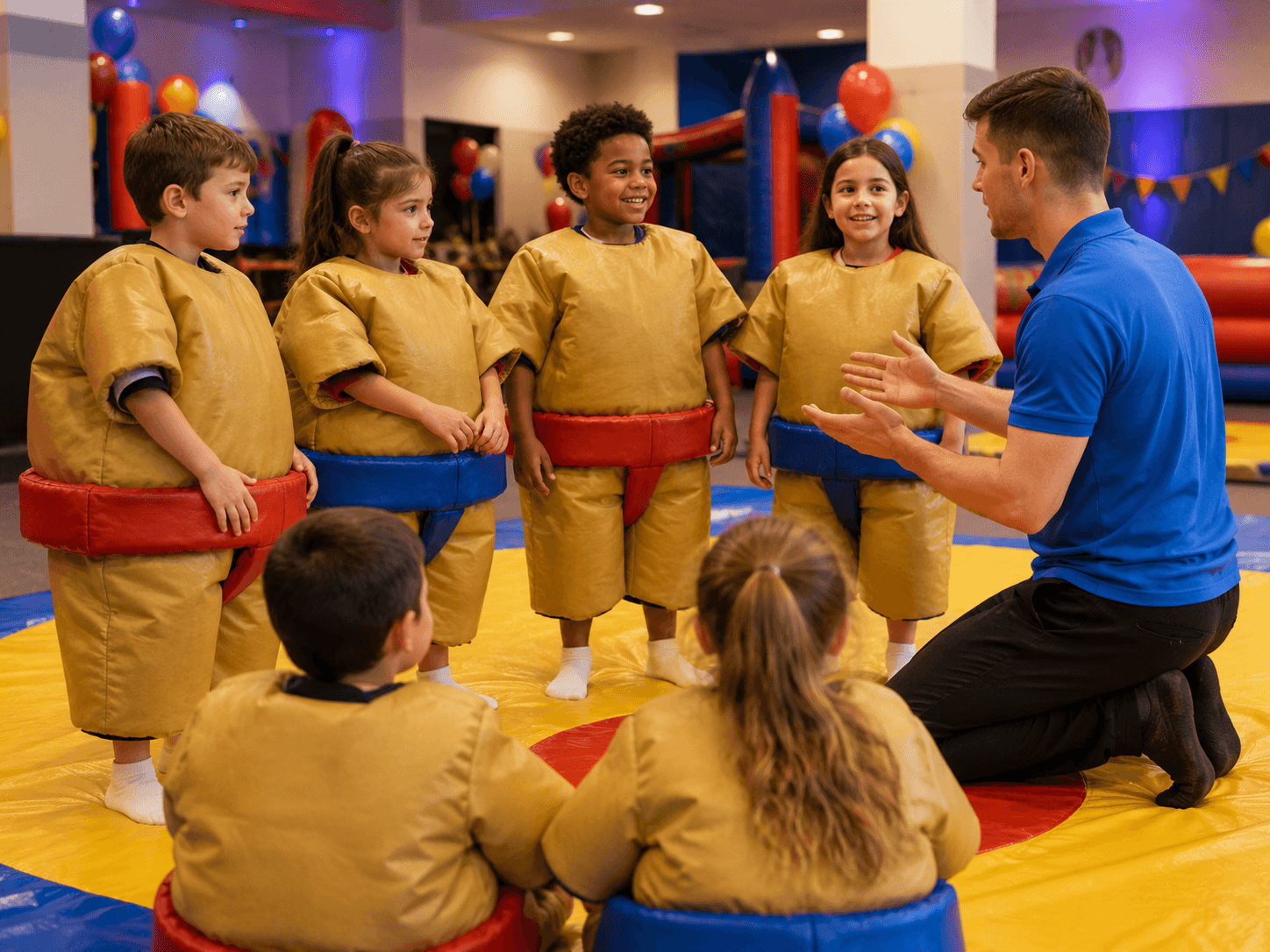 Event supervisor explaining sumo suit activity instructions to children