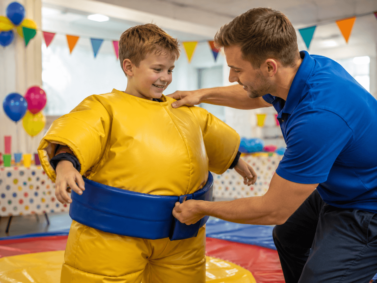 Child choosing whether to take part in a padded sumo suit activity