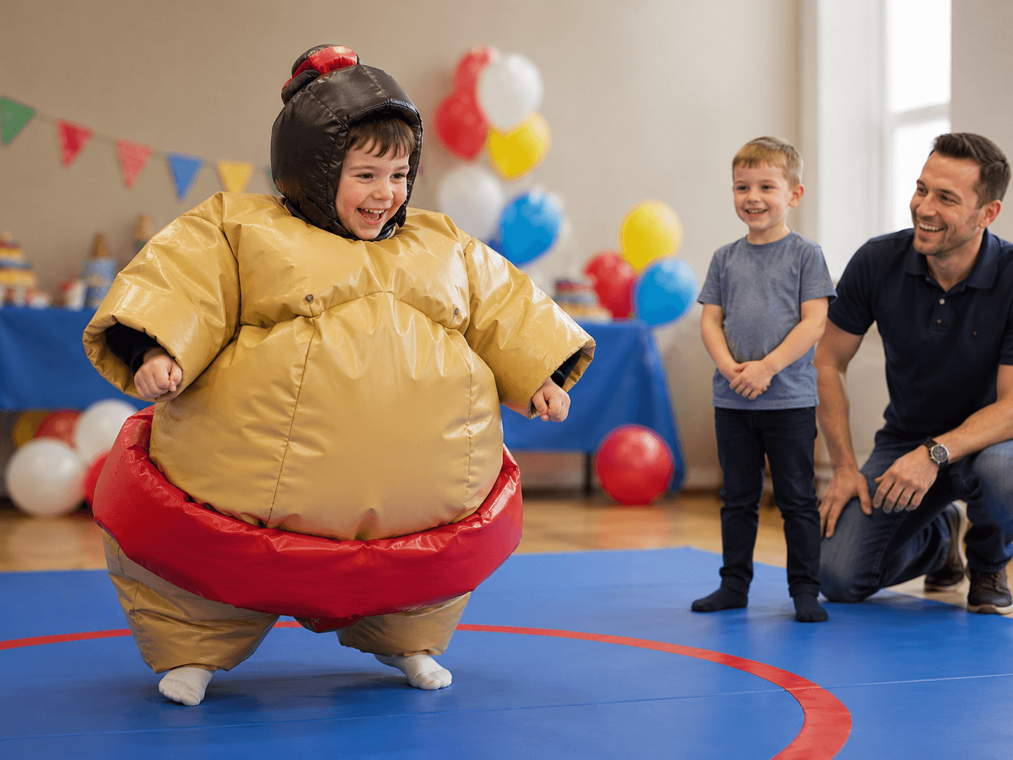 Participant being helped into a padded sumo suit before taking part