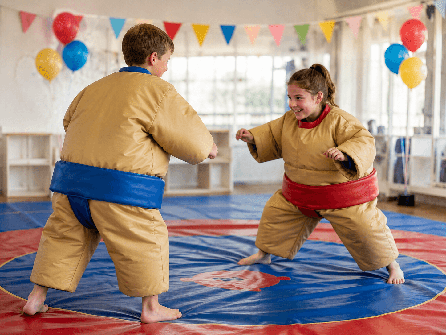 Two children enjoying a friendly sumo suit challenge