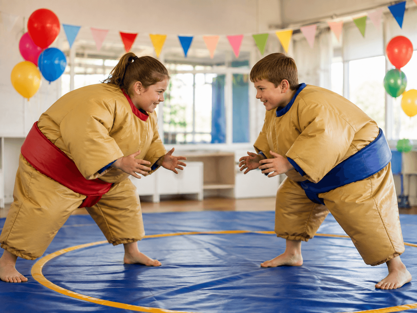 Children laughing and enjoying a sumo suit party activity
