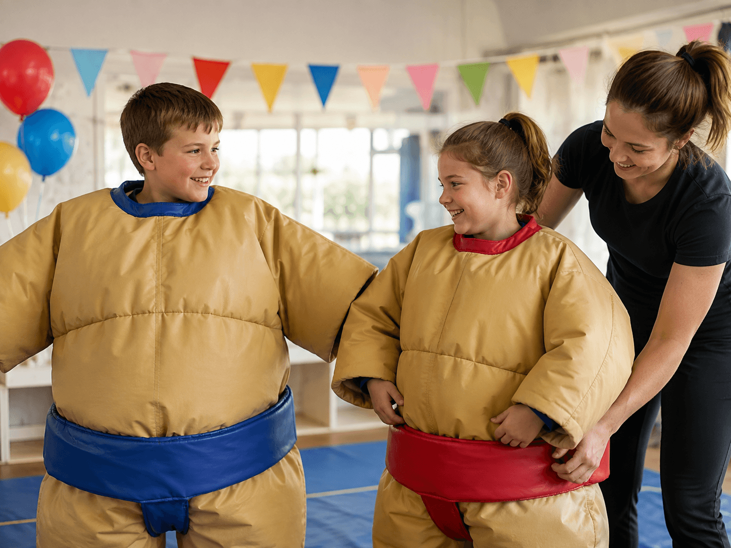 Children getting ready in padded sumo suits before the activity