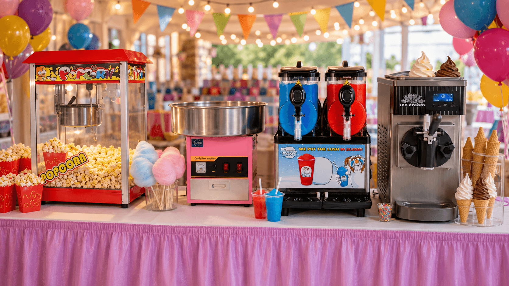 Party treat machines including popcorn, candy floss and slush