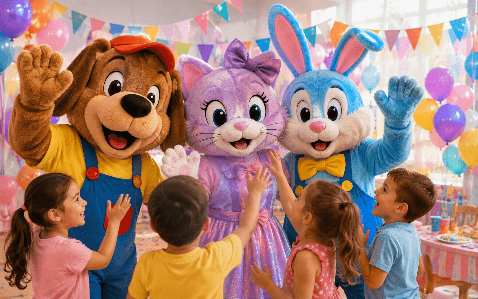 Mascot characters entertaining children at a birthday party