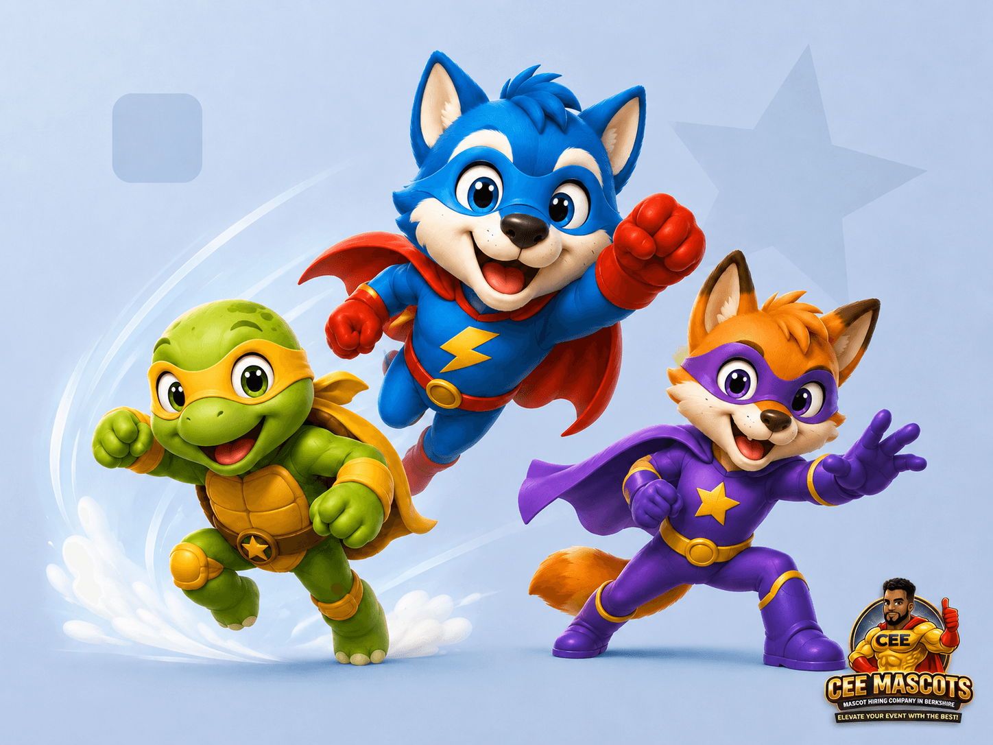 Superhero and action-style mascot characters