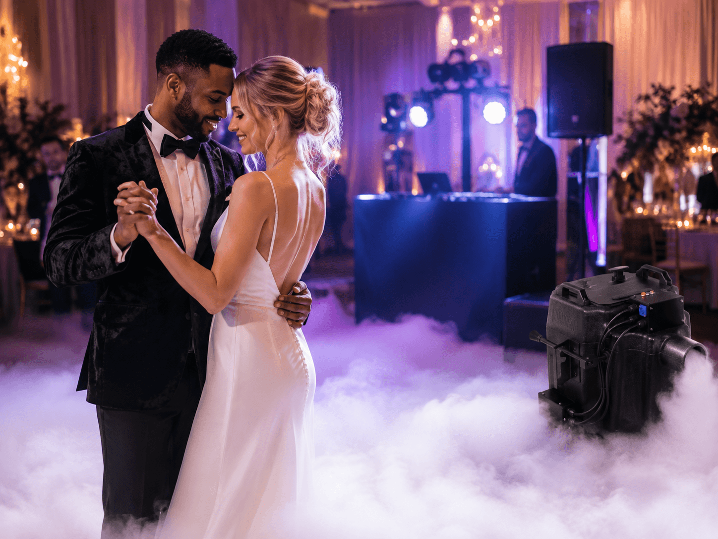 Wedding reception with professional DJ setup and low-lying fog special effect from Cameron's Events